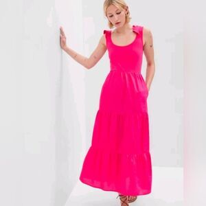 Gap Flutter Sleeve Ribbed Tiered Hot Pink Sizzling Fuchsia Maxi Dress Size M